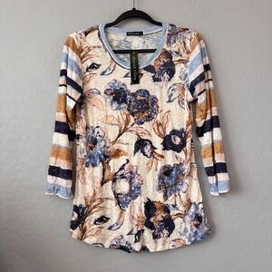 NWT David Cline Large Top Blue Tan Floral Striped 3/4 Sleeve Mixed Print Denim